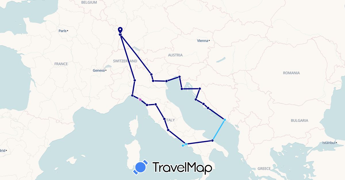 TravelMap itinerary: driving, train, boat in France, Croatia, Italy (Europe)